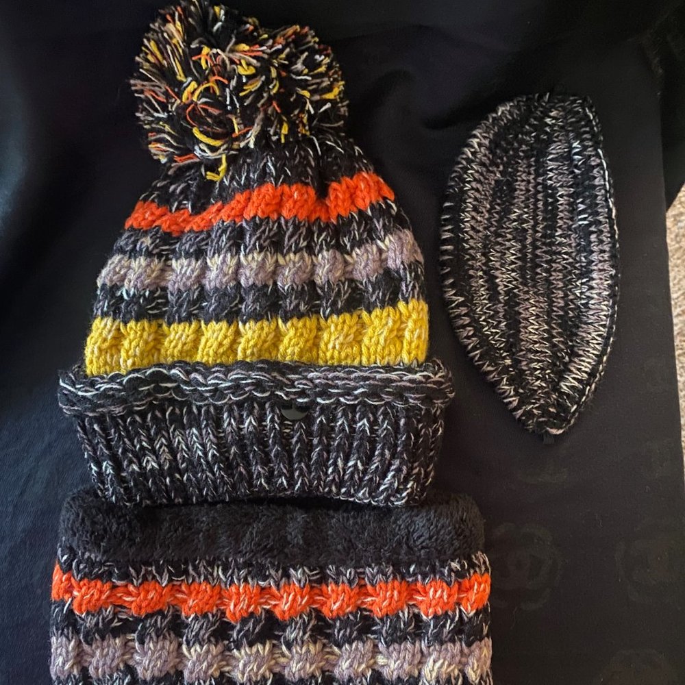 Women's Hat, Neck Scarf and mask set. Black, orange, yellow, gray, white